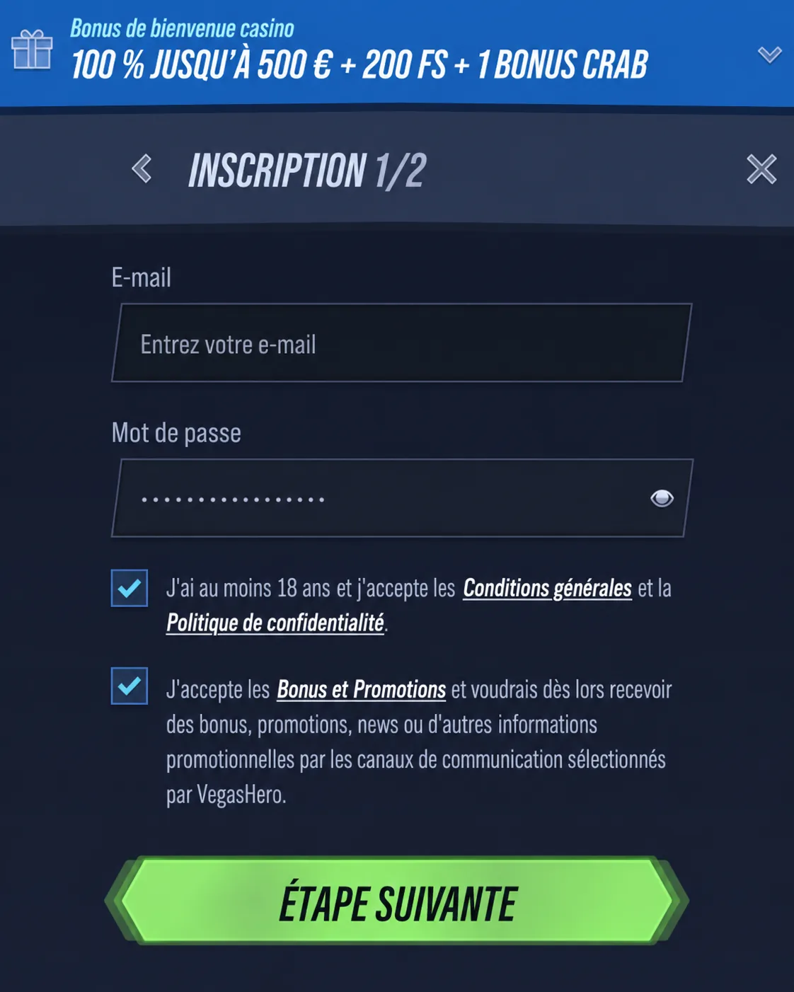 Formulaire d’inscription VegasHero avec e-mail joueur