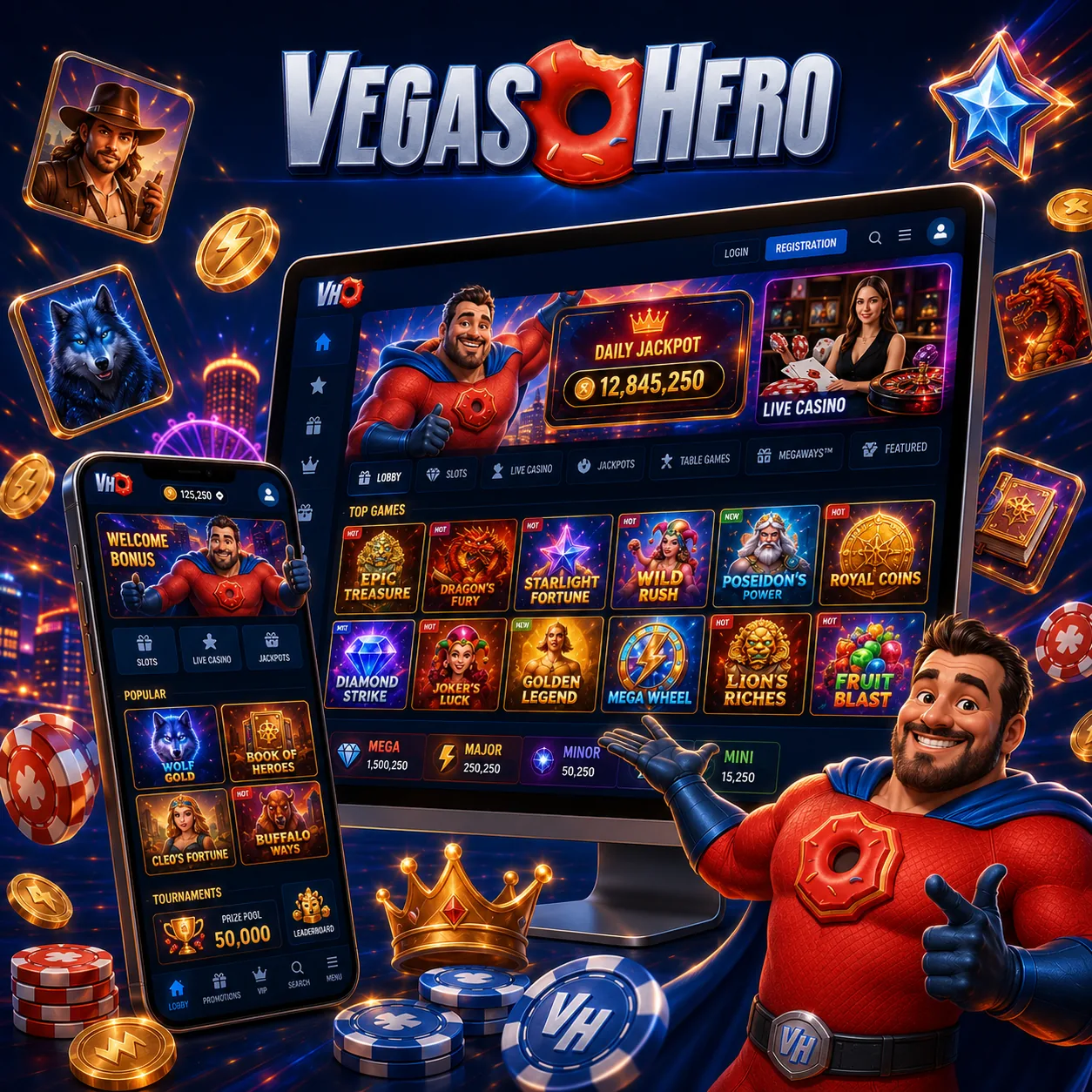 Jeux VegasHero Casino sur plusieurs écrans mobiles