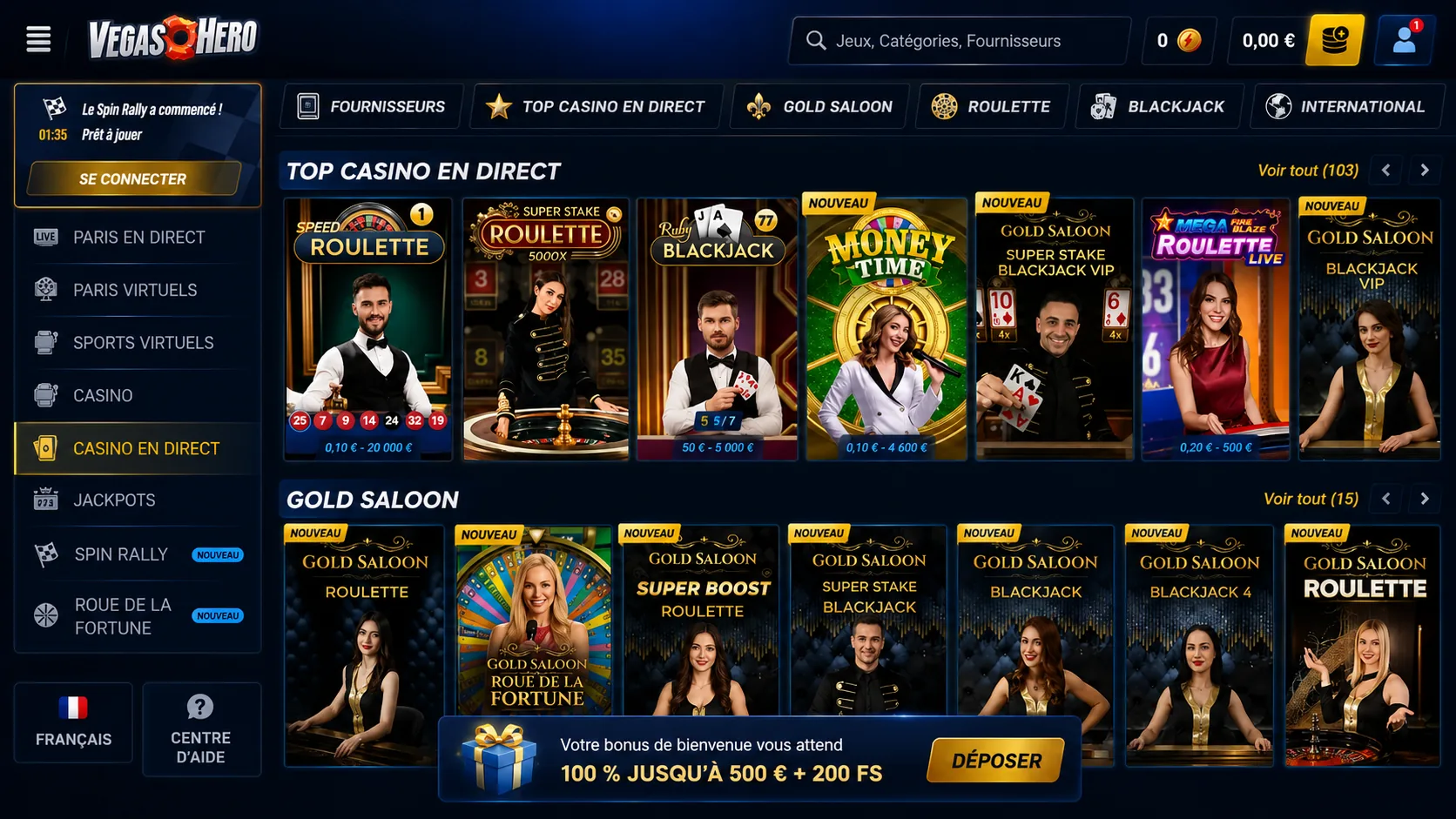 Lobby de jeux VegasHero Casino sur ordinateur